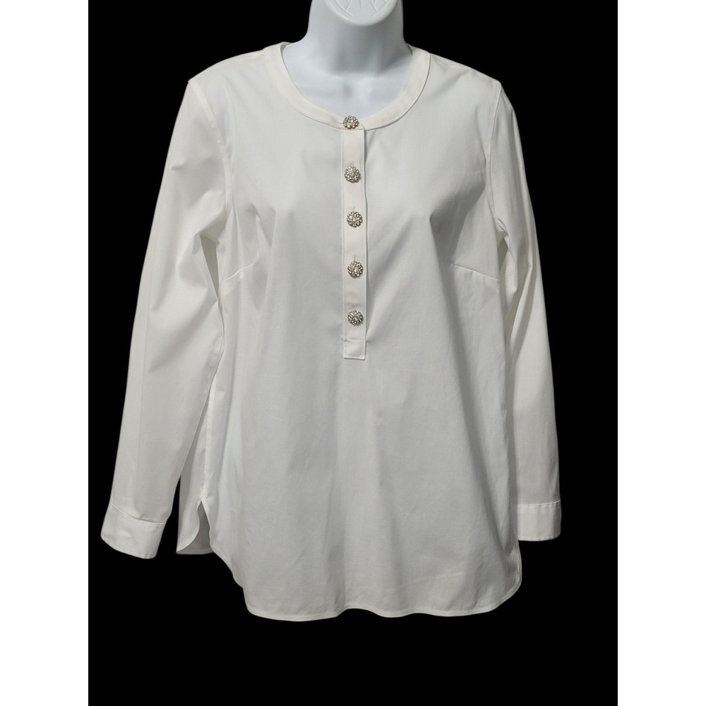 Talbots Blouse M Band Collar Popover Rhinestone Buttons Cotton No Iron Capsule